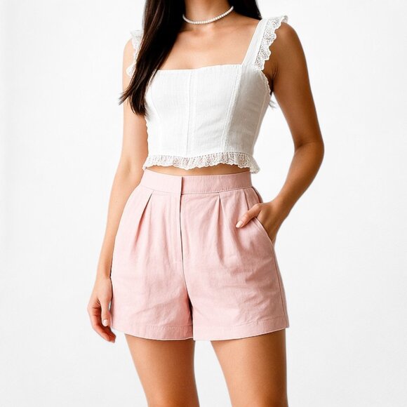 ASOS Pastel Pink Pleated High Waisted Casual Linen Summer Shorts Size 0/XS/S - Picture 1 of 6